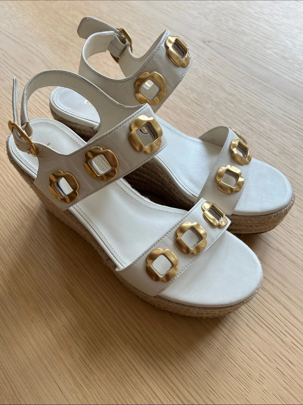 Larroude Milan Cream Espadrille Platform Sandals with Gold Buckle Accents